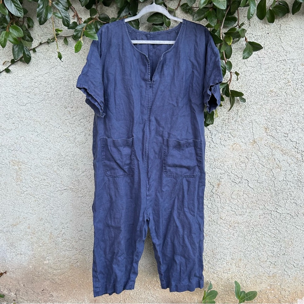 100% Linen Blue Zip Up Jumpsuit Coveralls, Boho Cottagecore